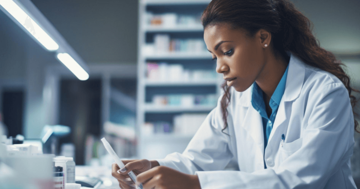 Pharmacist looking at a sample in a lab